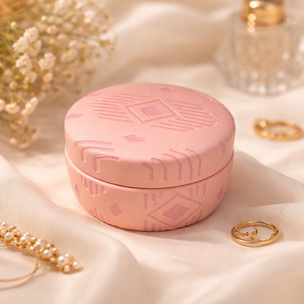 Vintage Pink Trinket Box Round Lidded Jewelry‎ Dish Boho Geometric Gift